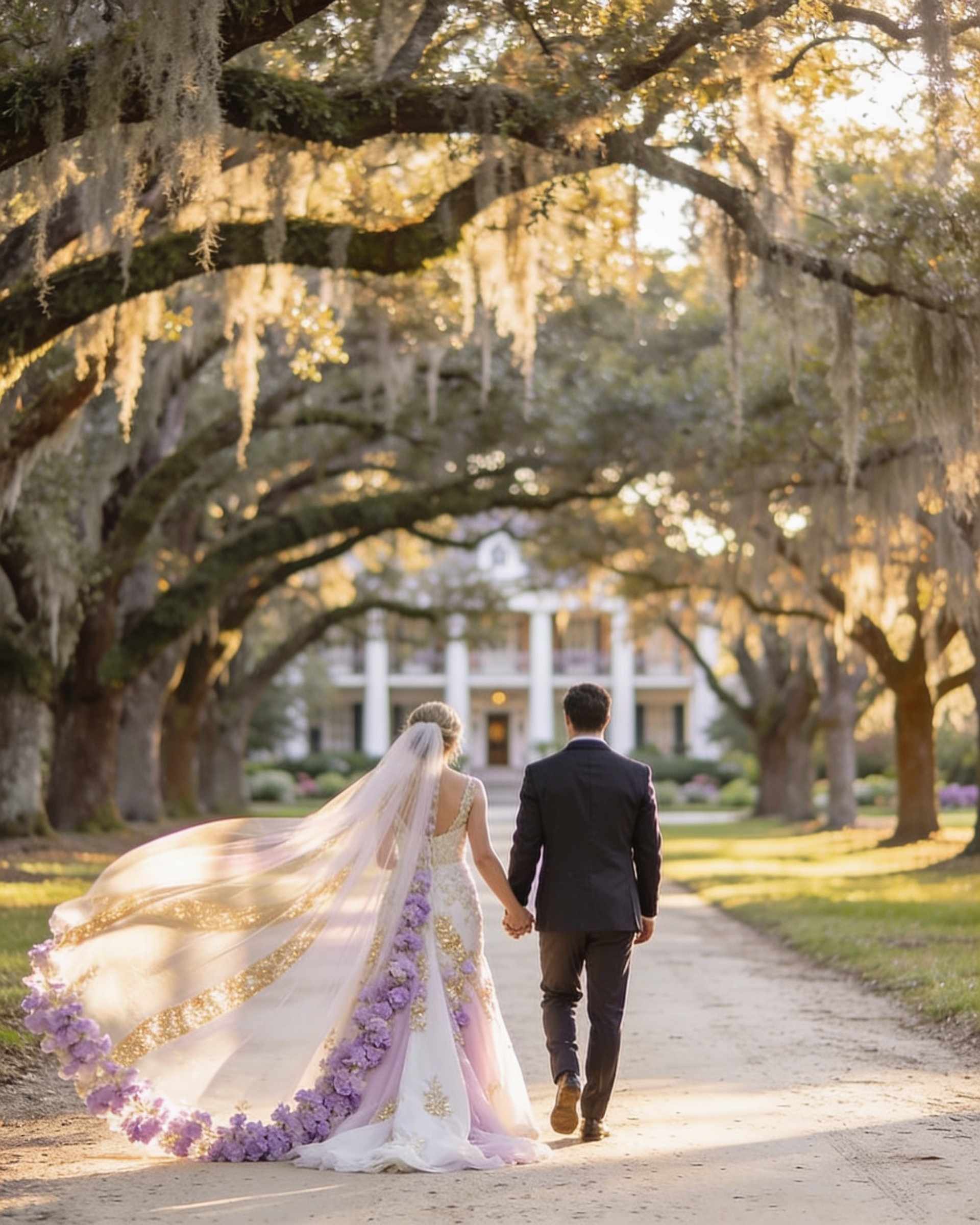 A bride and groom walking hand in hand down an avenue of live oaks draped with Spanish moss at golden hour, her long veil floating.