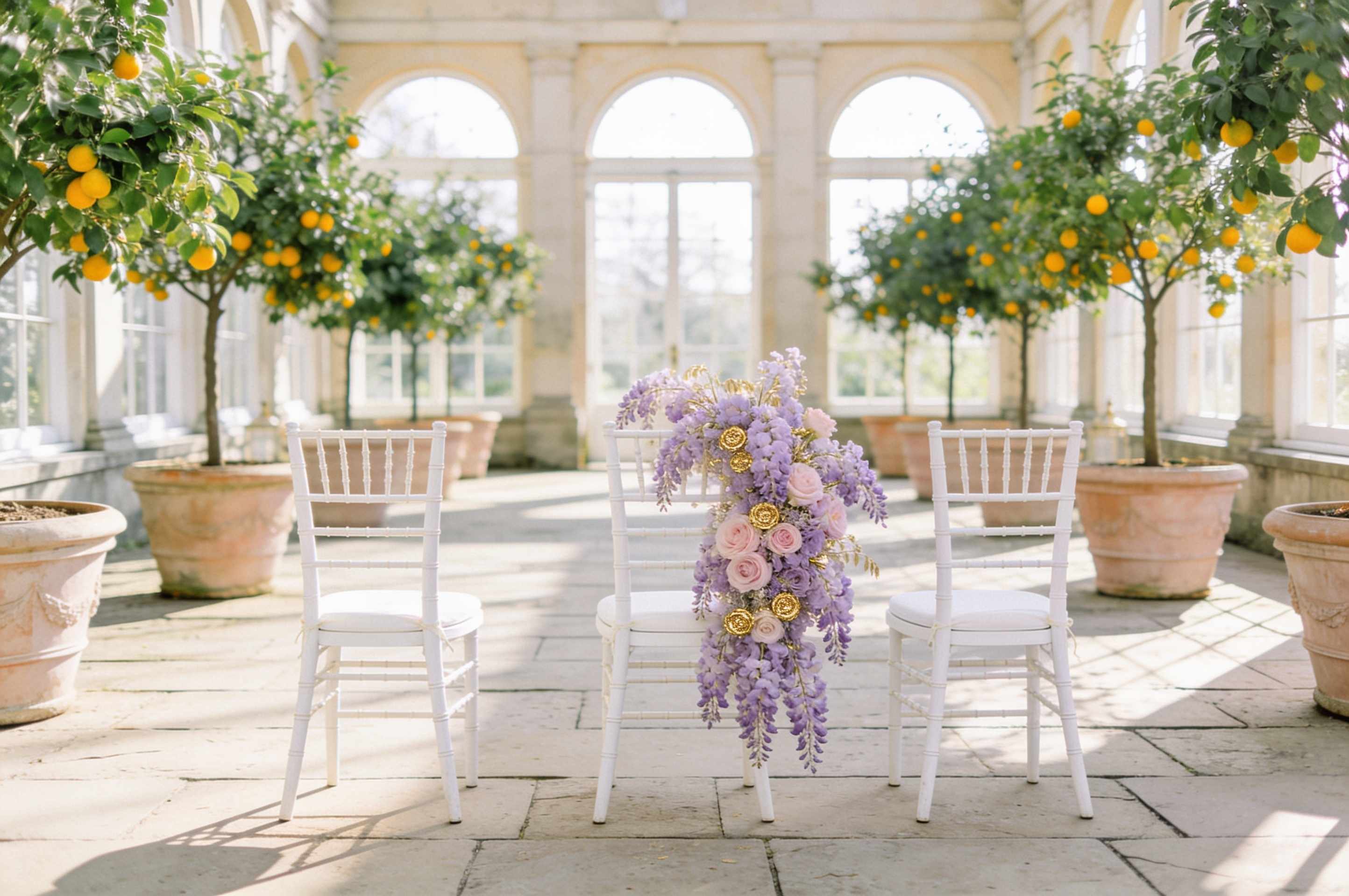 An empty orangery with tall arched windows, morning light on a stone floor, potted lemon trees and a few white chairs set out.