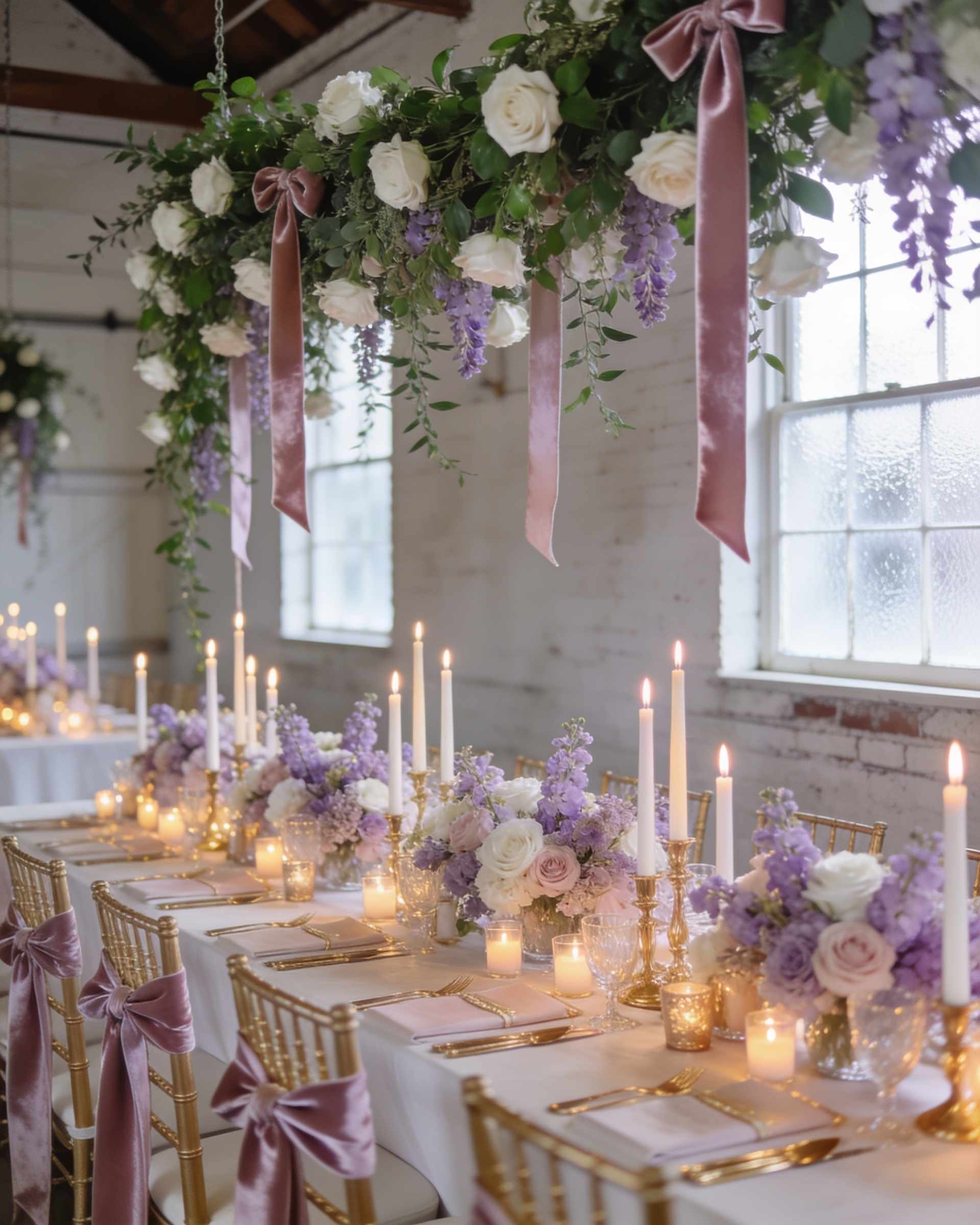 A reception in a whitewashed carriage house with long candlelit tables, lavender and white flowers and garlands of greenery under the windows.
