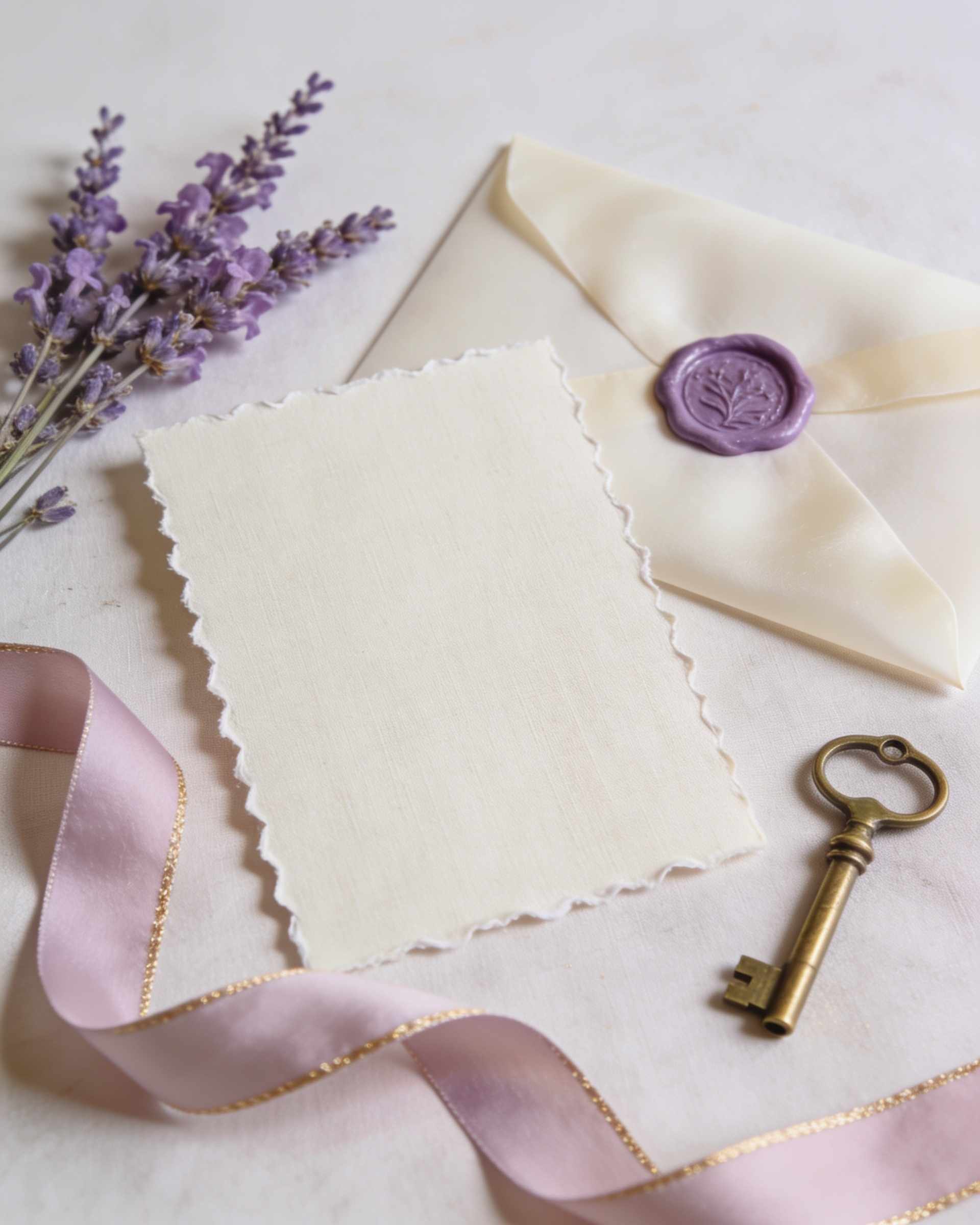 Blank cream stationery with a deckled edge, an envelope sealed with lilac wax, a silk ribbon, dried lavender and a brass key on ivory linen.