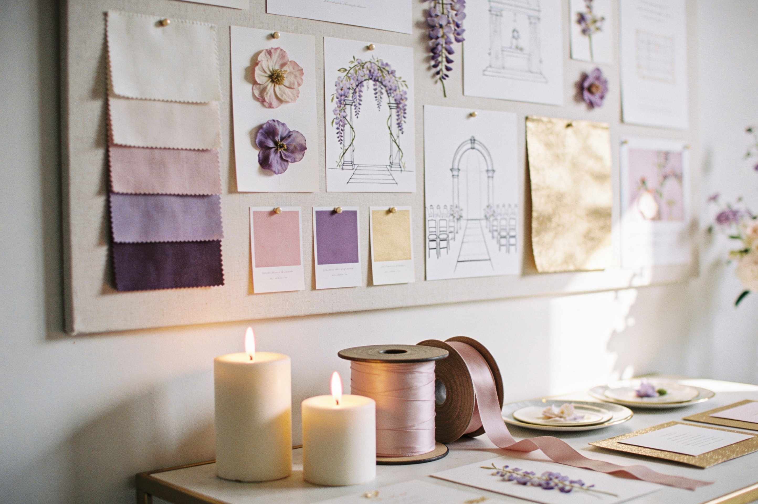 A studio wall with a mood board of fabric swatches, pressed flowers and color chips in blush, lilac and champagne, candles and ribbon spools below.
