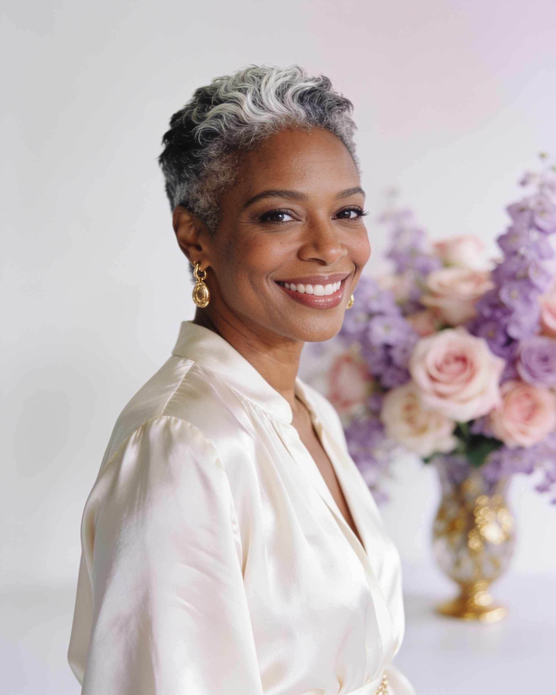 Portrait of a smiling woman with short silver-streaked natural hair, in a cream silk blouse and gold earrings, roses behind her.