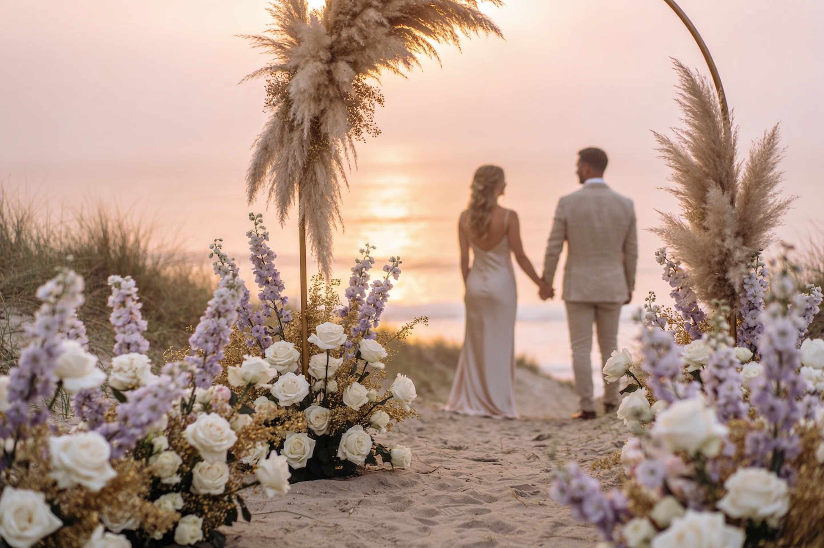 A couple holding hands on a misty dune at sunrise beside a small arch of pampas grass and white roses, the ocean glowing peach.