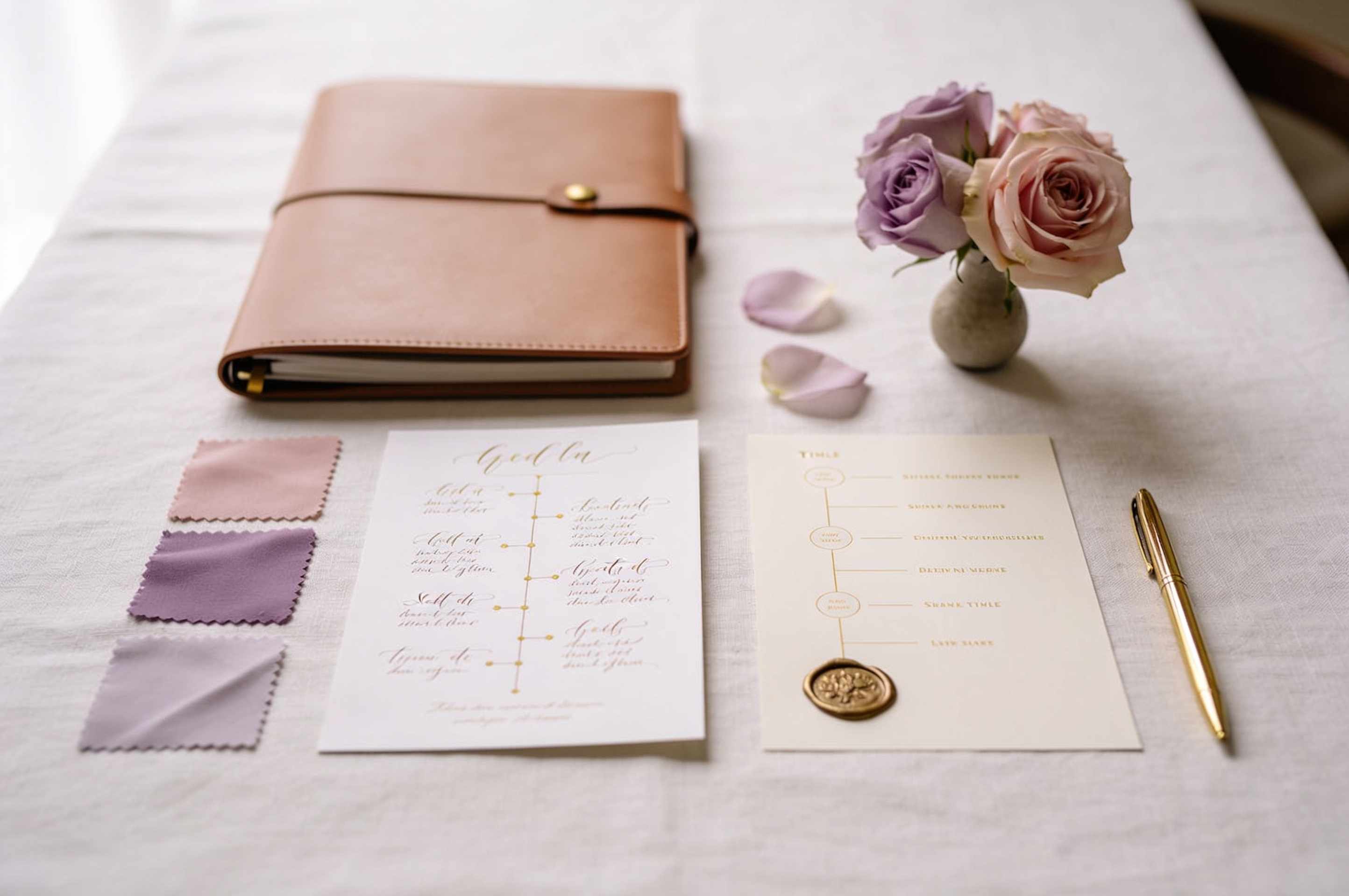 A planner’s flat lay on ivory linen: a leather binder, fabric swatches in blush and lilac, a seating plan sketch, wax seals and a bud vase of garden roses.