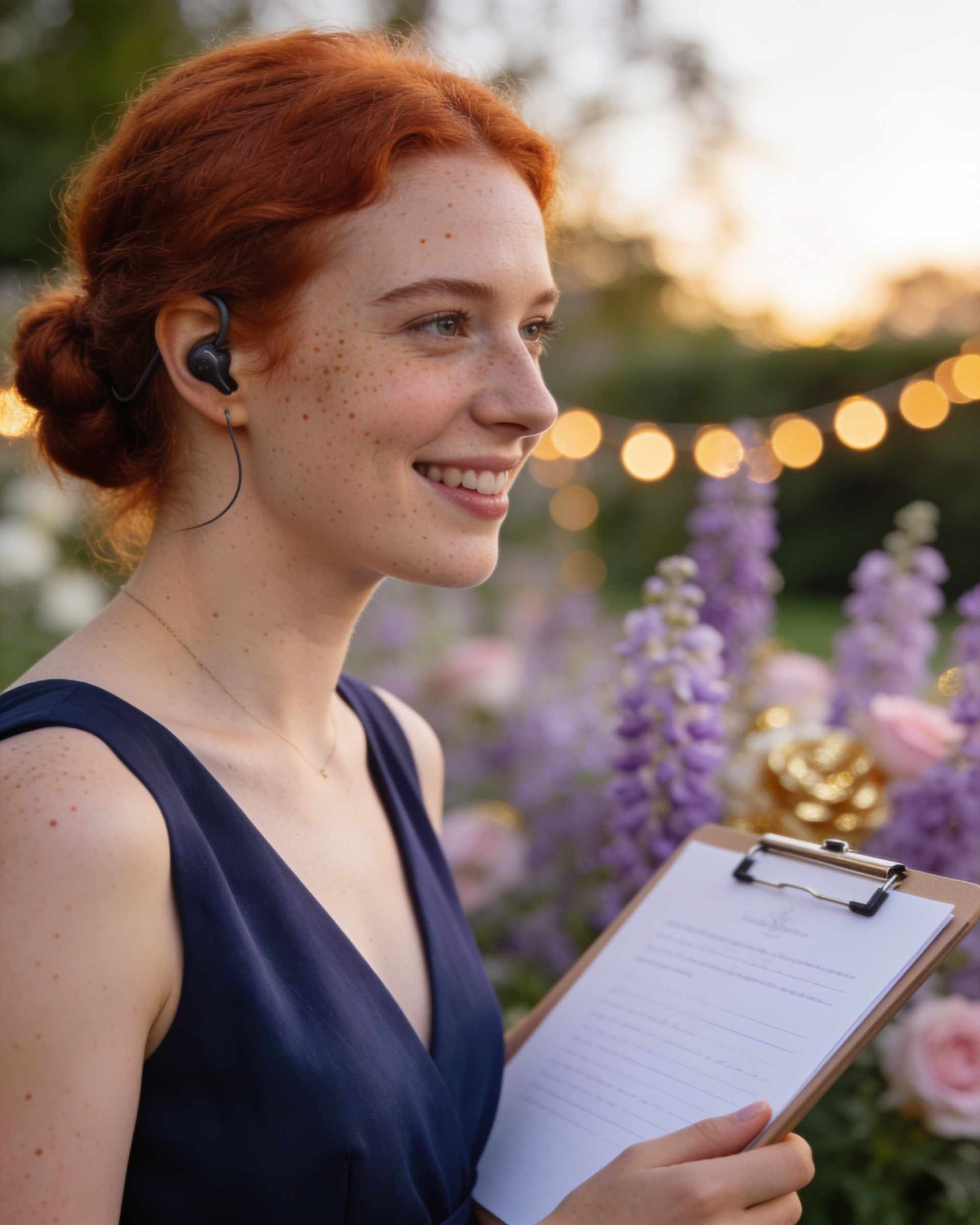 Portrait of a smiling red-haired woman with freckles and a low bun, in a navy dress with an earpiece, holding a clipboard outdoors under string lights.