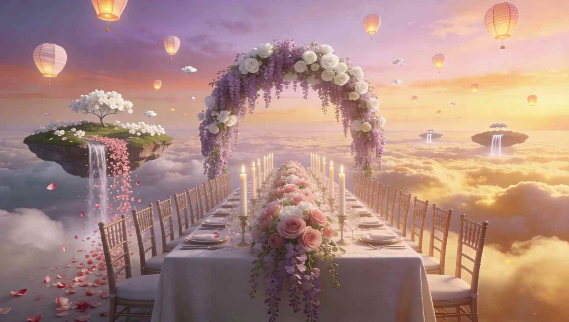 A long banquet table with candles and roses under an arch of wisteria, on a floating island above golden clouds, with paper lanterns rising into a sunset sky.