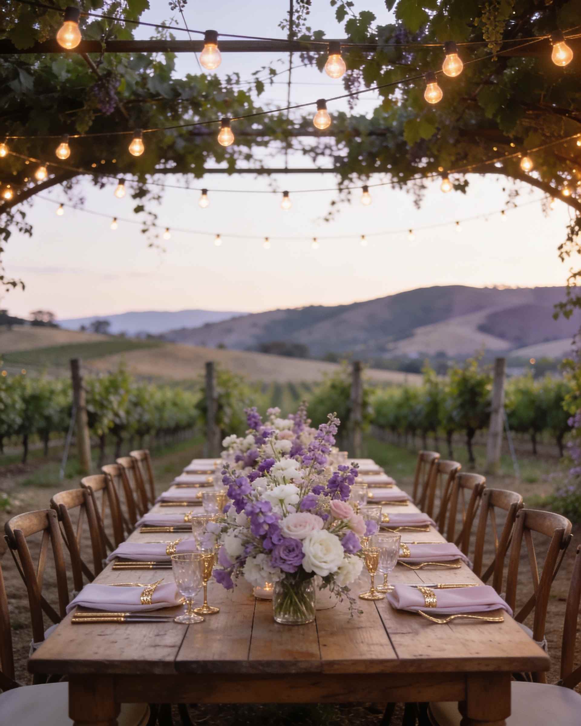 Long wooden tables with lilac and white wildflower arrangements under strings of bistro lights in a vineyard at twilight, hills behind.