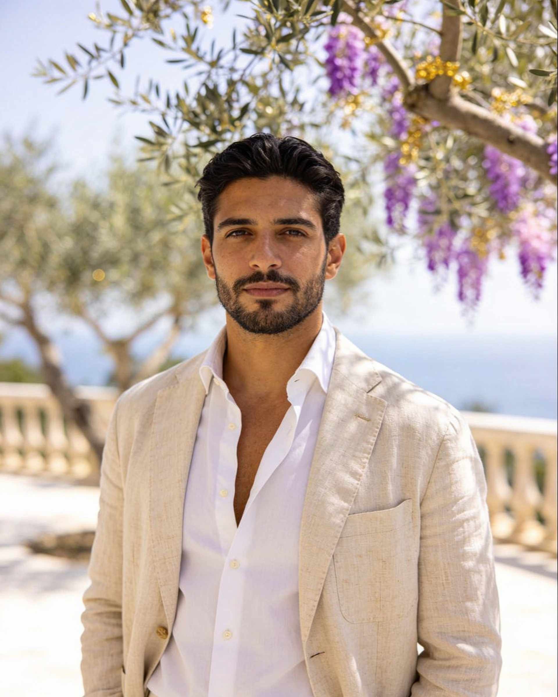 Portrait of a man with short dark hair and a neat beard in a white shirt and beige linen jacket on a sunny terrace above the sea.