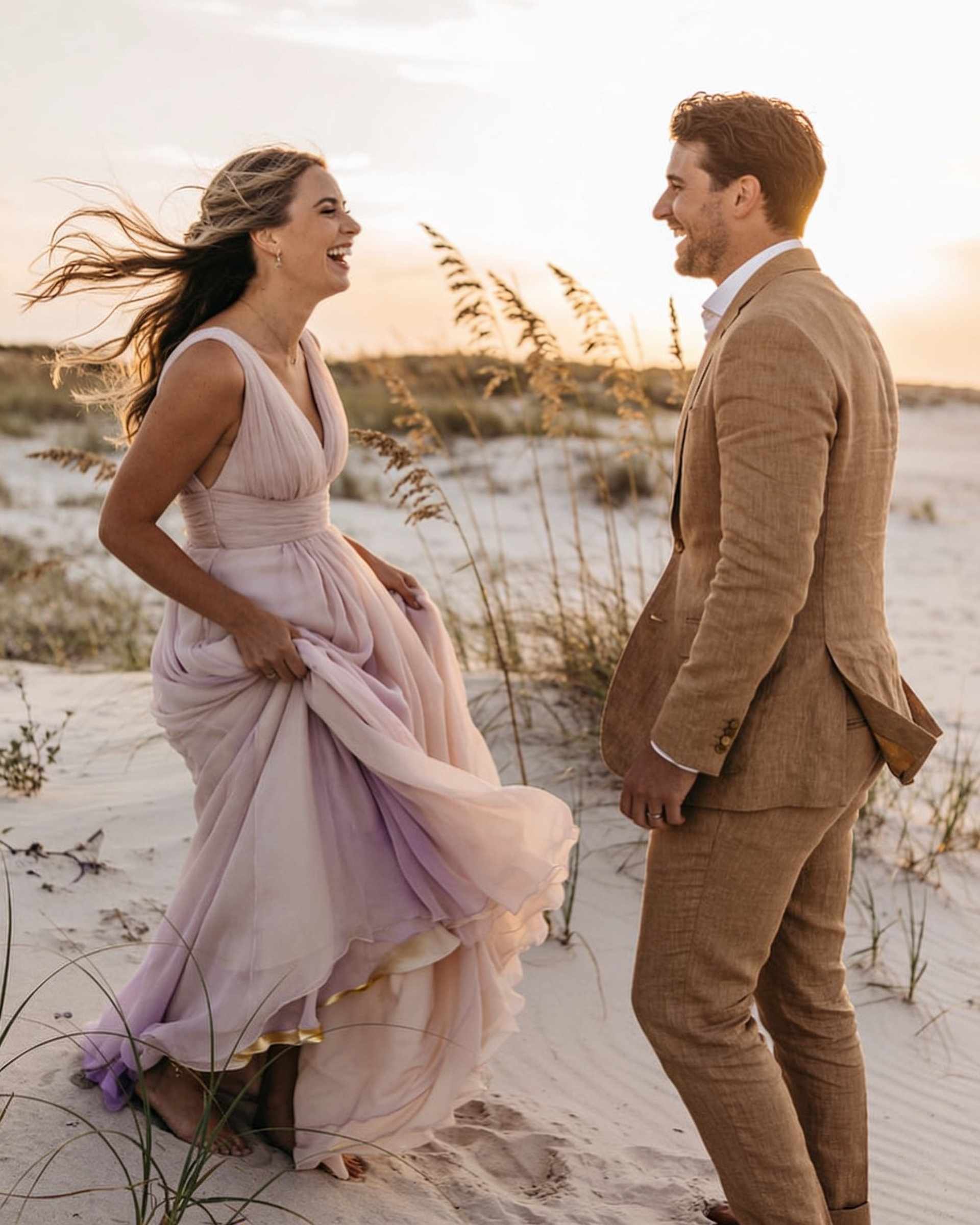 A bride in a blush chiffon gown and a groom in a tan linen suit laughing together on a windswept beach among sea oats at sunset.