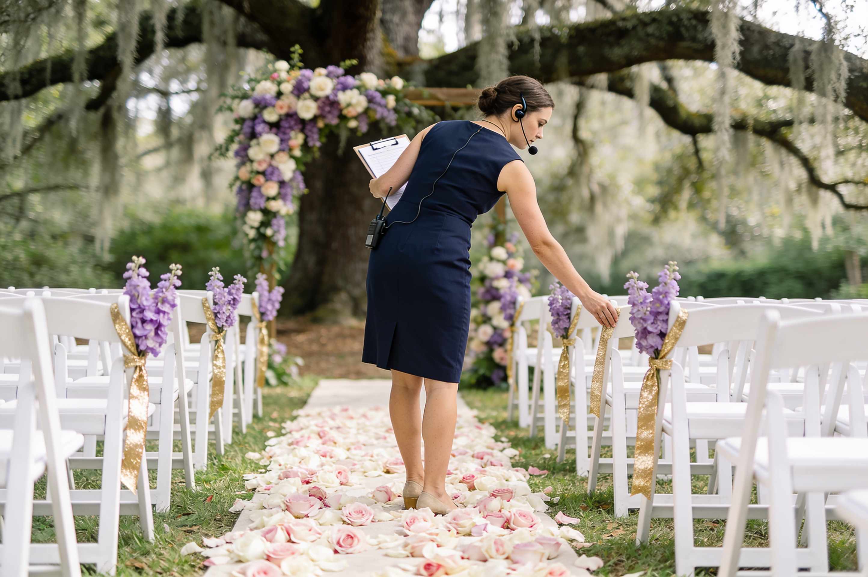 A coordinator with an earpiece straightening white chairs along an aisle of rose petals under live oaks draped with Spanish moss.