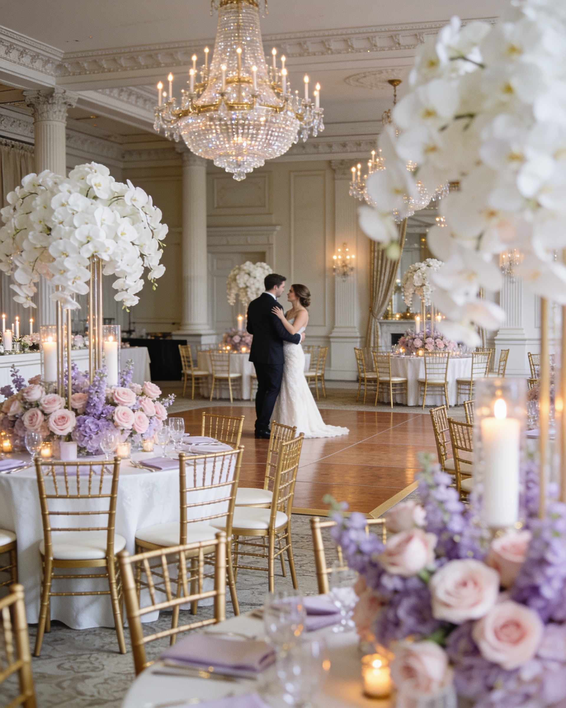 A couple sharing their first dance in a grand ballroom with crystal chandeliers, tall arrangements of white orchids and pink roses and gold chairs.