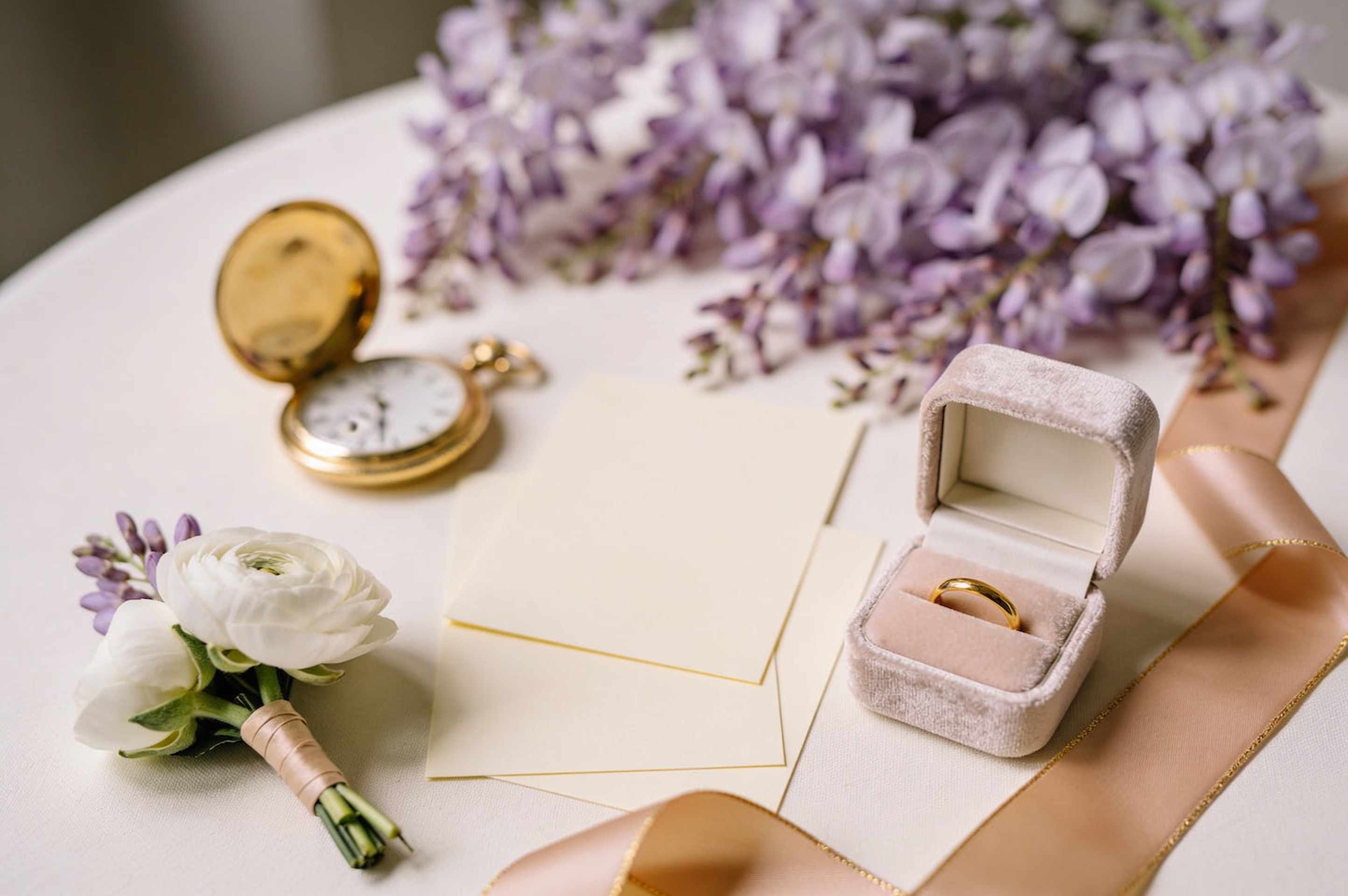 An open gold pocket watch, a white ranunculus boutonniere, a ring box with a gold band and blank cream cards on an ivory table.